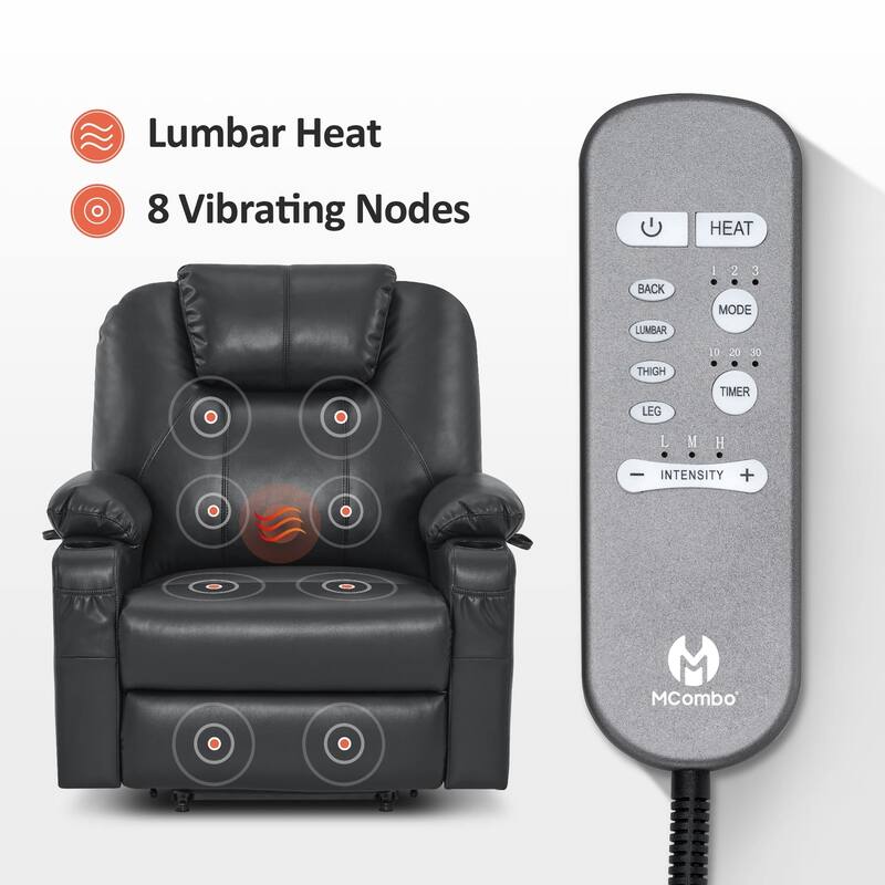 MCombo Medium-Wide Power Lift Recliner Chair Sofa with Massage and Heat for Elderly People, Faux Leather R7045