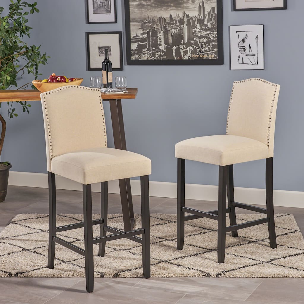 Roomfitters Modern Upholstered Counter Height Bar Stools Set of 2, Nailhead Trim Accent Seating with Footrest, Beige