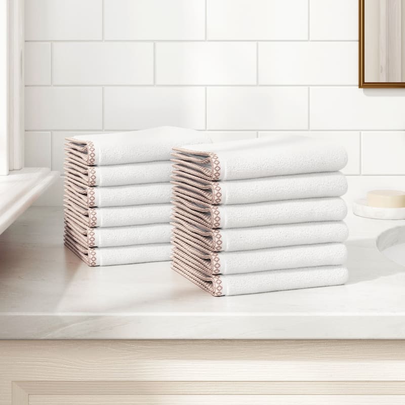 Linery & Co. Quick-Dry Cotton and Decorative Border Towel Set - White / Rosewood - Washcloth (Pack of 12)