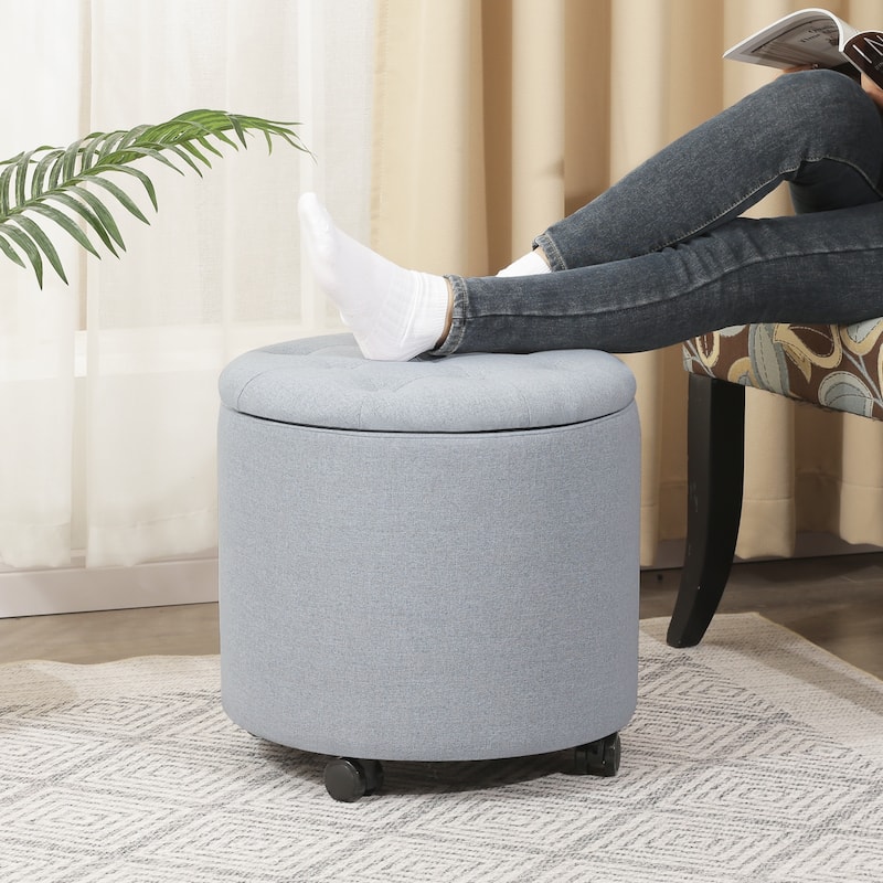 Adeco 17" Faux Leather Round Storage Ottoman with Tufted