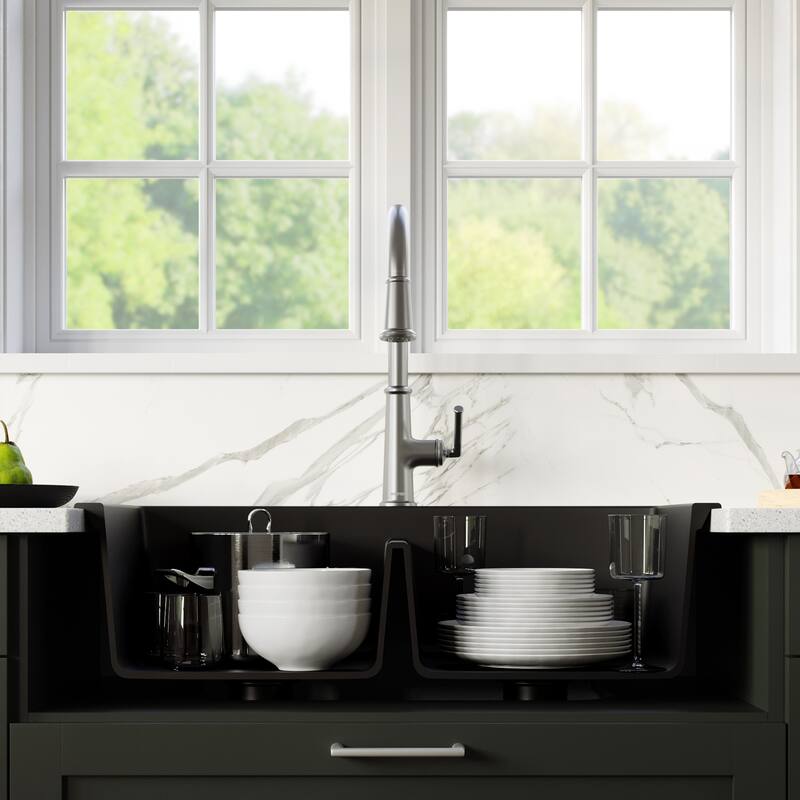 Karran Drop-In Quartz Composite 33 in. 1-Hole 50/50 Double Bowl Kitchen Sink in Black with Kitchen Faucet in Stainless Steel