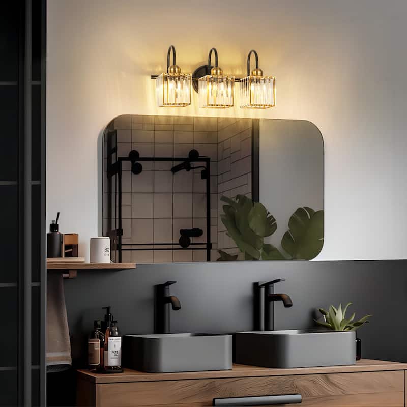 3/4-Light Mid-Century Modern Black and Gold Bathroom Vanity Light Cylinder Crystal Wall Sconces Lighting