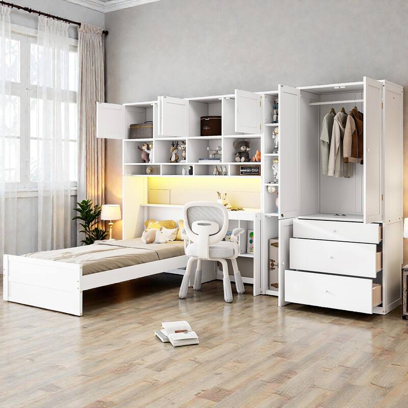 Twin Size Wooden Platform Bed with Desk and Storage, LED Light, Wardrobe Cabinets Drawers and Shelves
