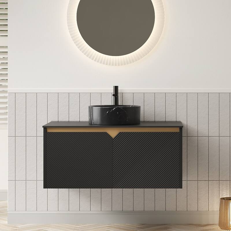 30"/36"/48" Floating Bathroom Vanity with Vessel Sink, Wall Mounted Sintered Stone Countertop Bathroom Storage Cabinet - Black - Round Ceramic Basin - 36 Inch