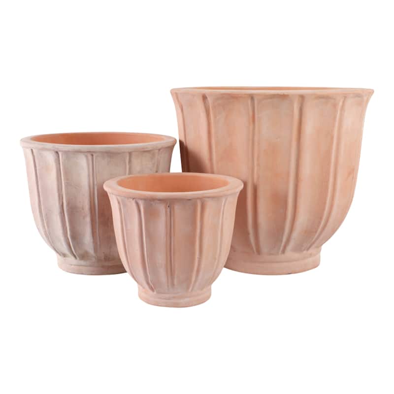 Pottery Clay Planters with Petal Ribbed Detailing (Set of 3) - 15" x 15" x 13"