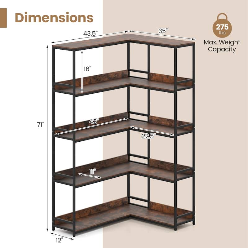 Metal and Wood L-Shaped Bookshelf 5-Tier Corner Shelf with Anti-Tip Kits - 43.5" L x 35" W x 71" H