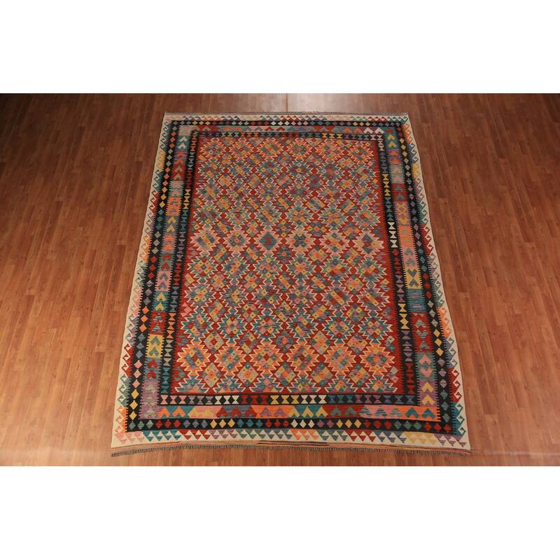 Geometric Kilim Area Rug Hand-Woven Oriental Wool Carpet - 8'4"x 11'1"
