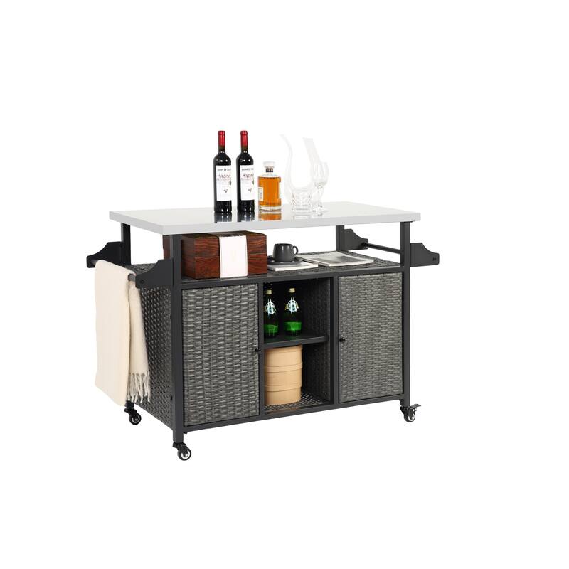 Large bar cart,Outdoor Kitchen Wicker Island Rolling Cart & Storage Cabinet, Wheels and Stainless Steel Extended Table Top
