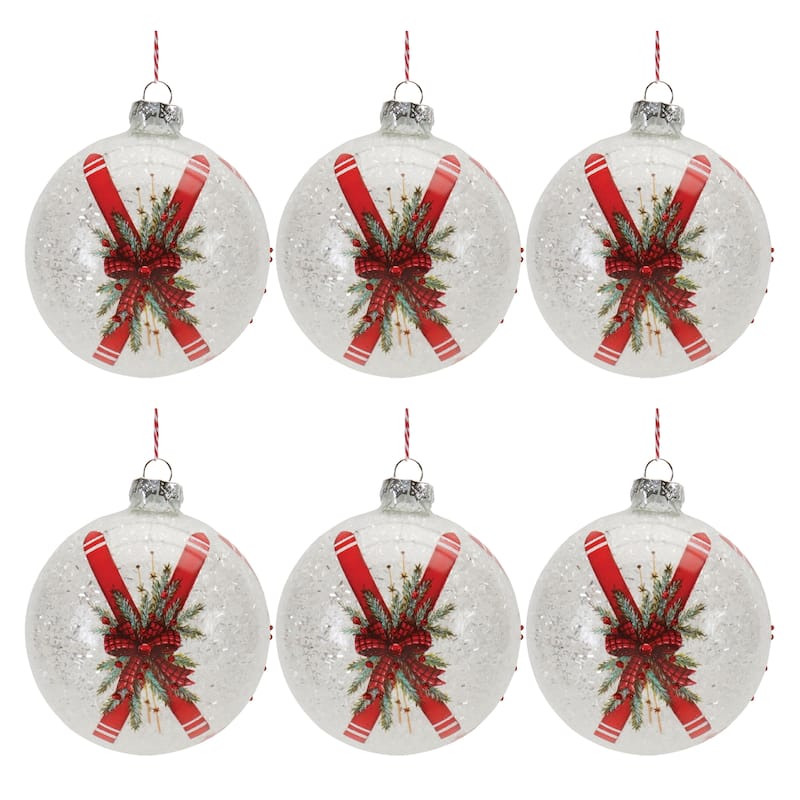 Set of 6 Glass Ornaments with Skis and Bows for Holiday Tree Decor - 4" x 4" x 5" - White/Red