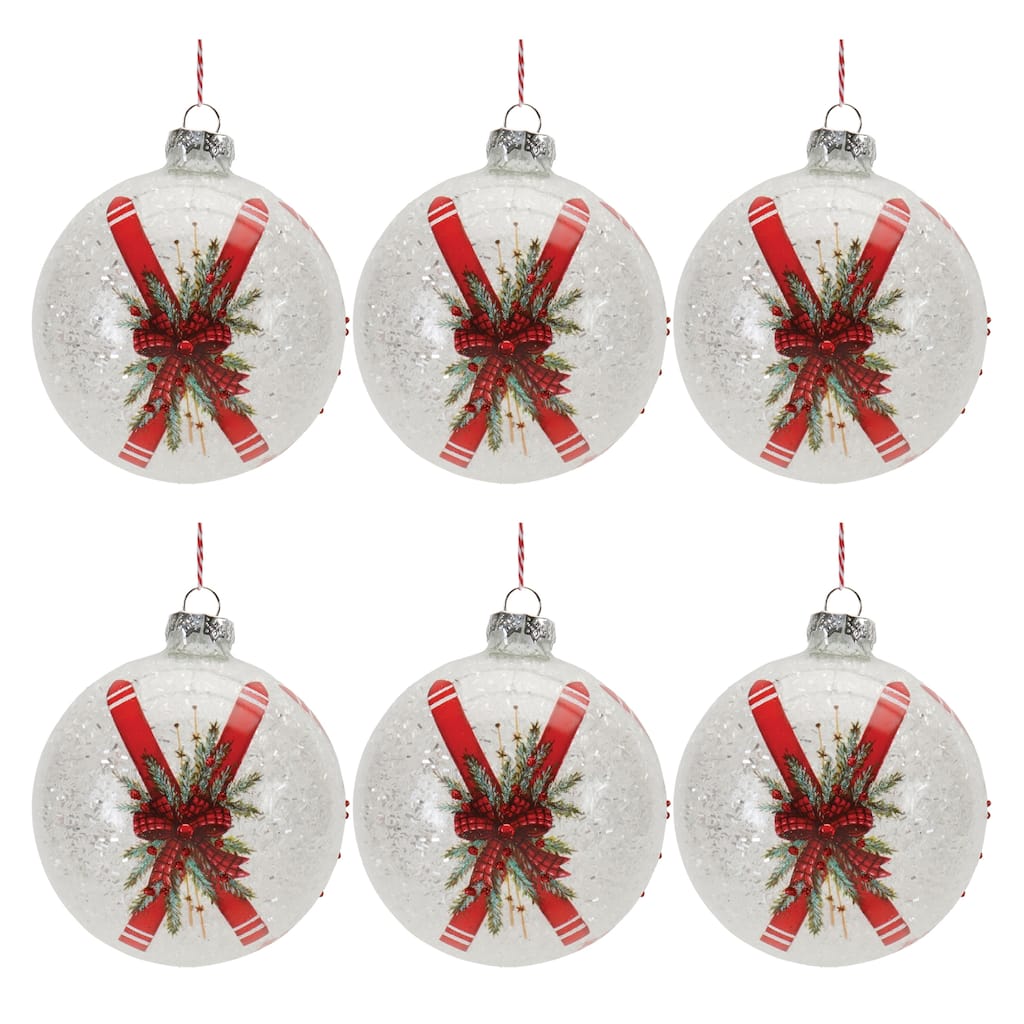 Set of 6 Glass Ornaments with Skis and Bows for Holiday Tree Decor - 4" x 4" x 5"