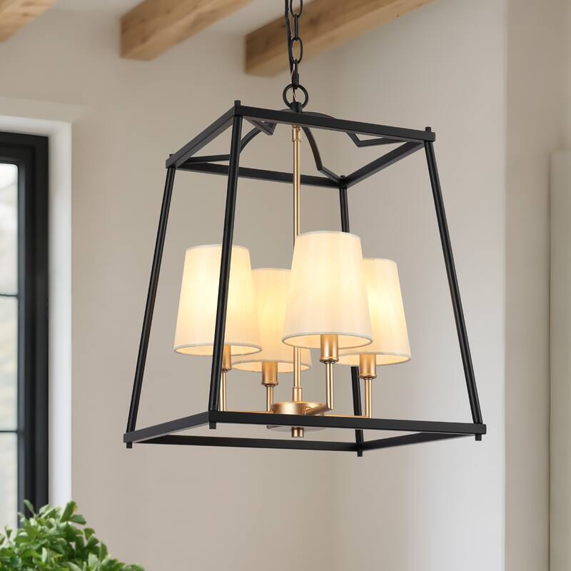 Modern Farmhouse 4-Light Black Gold Geometric Chandelier Metal Pendant Lights with Fabric Shades - 14 "