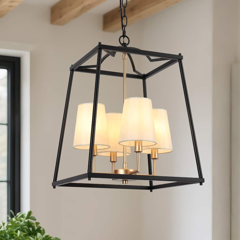 Modern Farmhouse 4-Light Black Gold Geometric Chandelier Metal Pendant Lights with Fabric Shades - 14 "