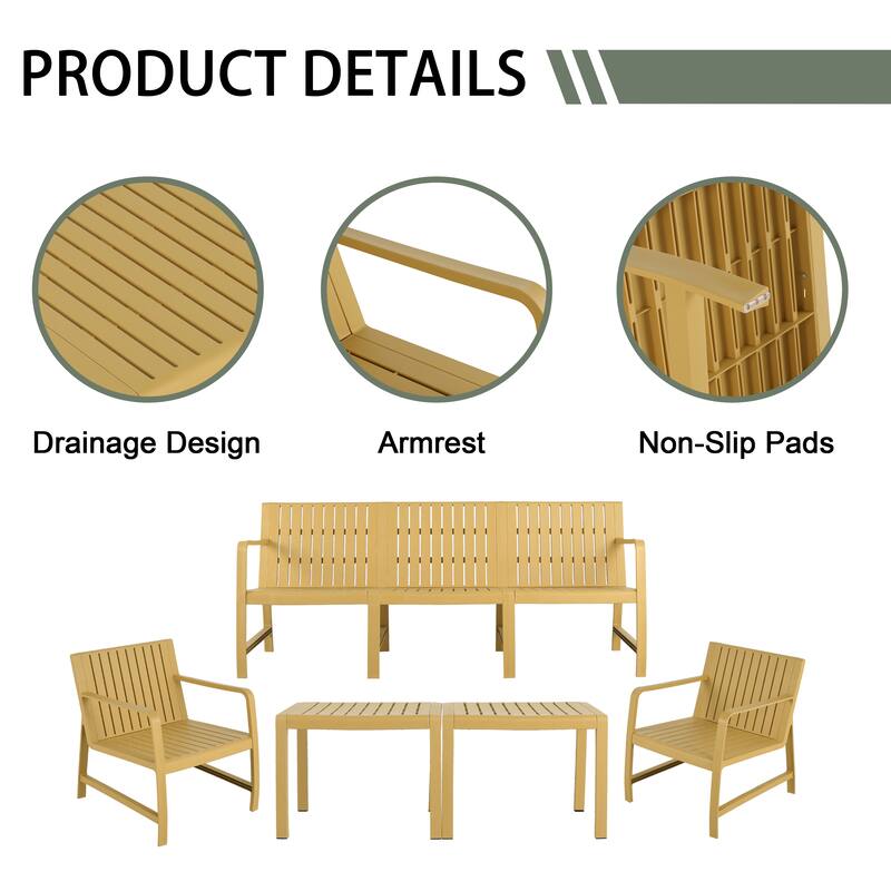 BNK Five-Piece Indoor/Outdoor PP Furniture Set, 3-Seater Sofa, 2 Chairs & 2 Coffee Tables, Easy Assembly Patio Conversation Set