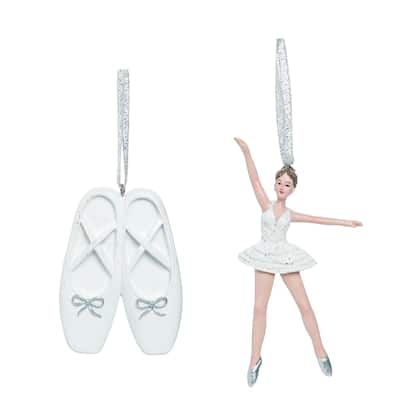 Transpac Resin 4.25 in. White Christmas Ballerina and Slippers Ornaments Set of 2