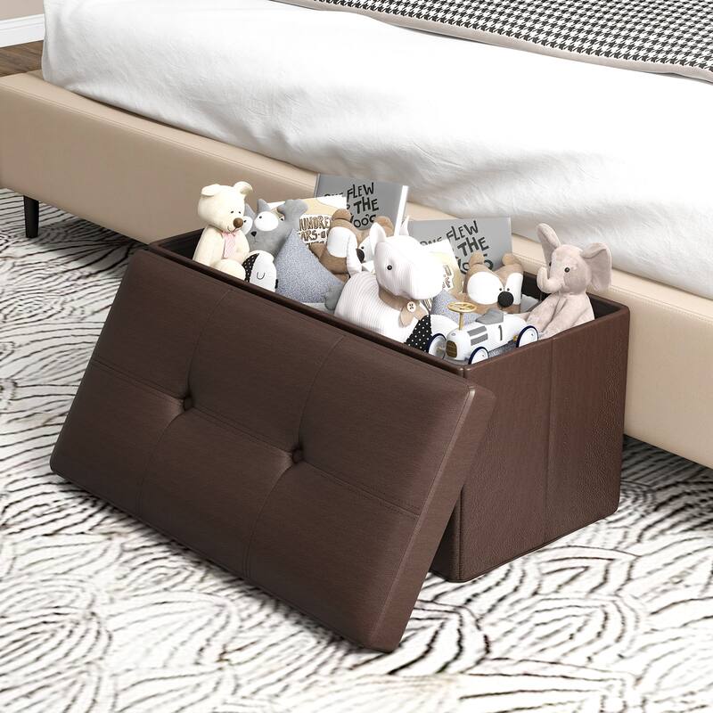 Costway Folding Storage Ottoman Upholstered Rectangle Footstool PVC