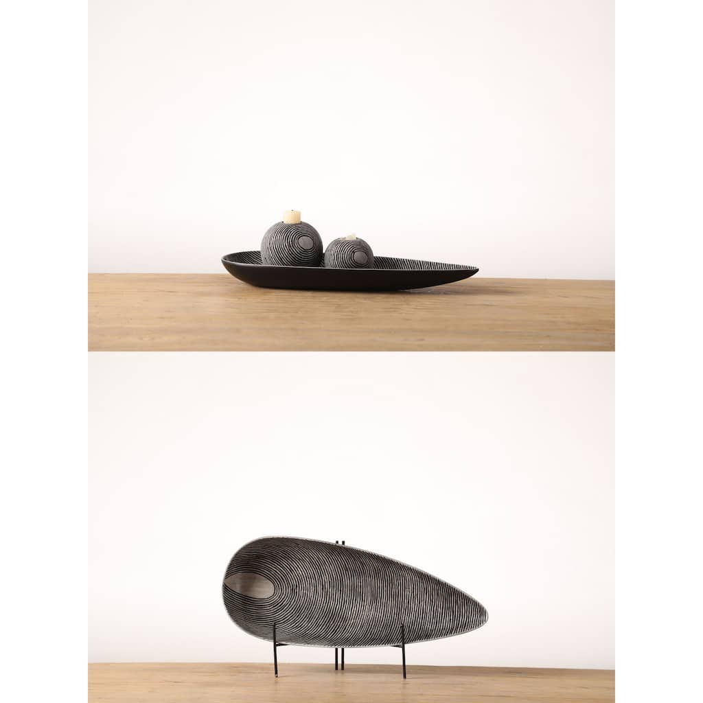 Black 3pc Sunburst Textured Polyresin Candle Holder and Tray Set