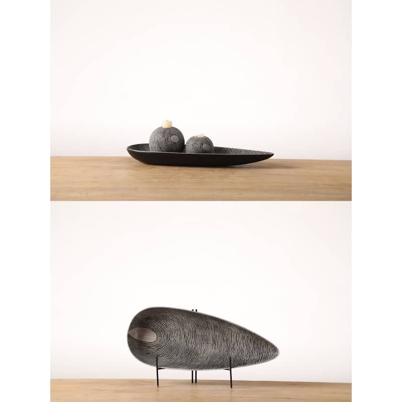 Black 3pc Sunburst Textured Polyresin Candle Holder and Tray Set