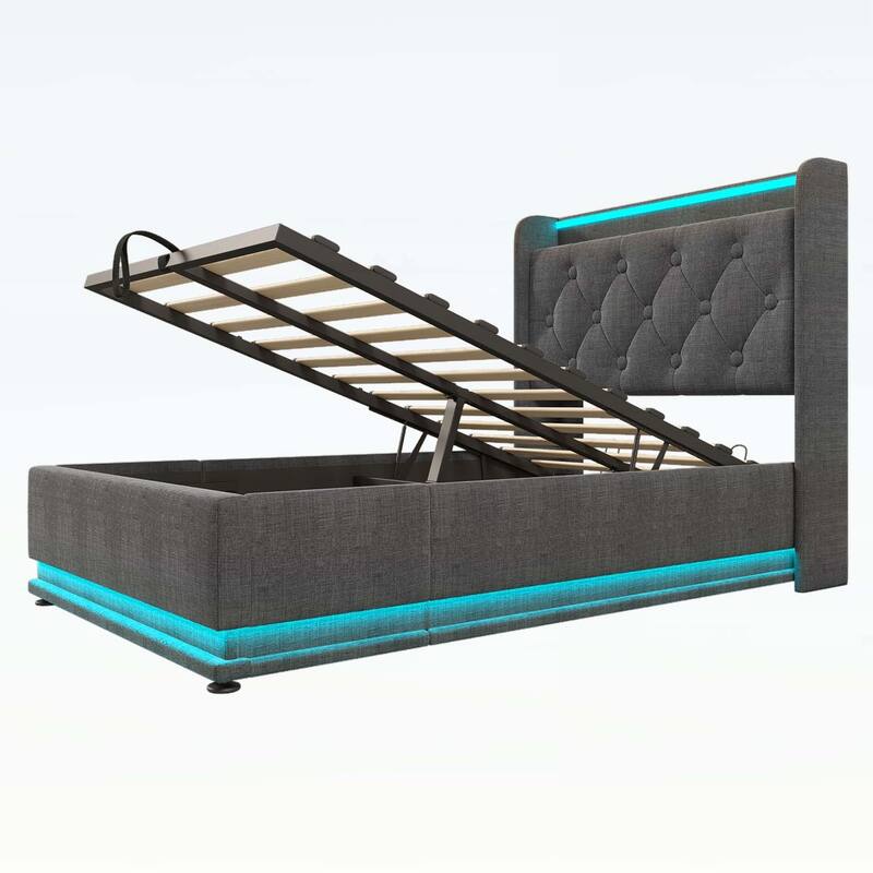 Classic Upholstered Bed with 360 LED Lighting,Hydraulic Storage,and USB Charging