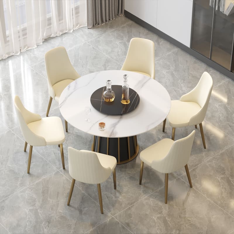 53'' White Sintered Stone Round Dining Table with Lazy Susan - N/A - White&Black Lazy Susan