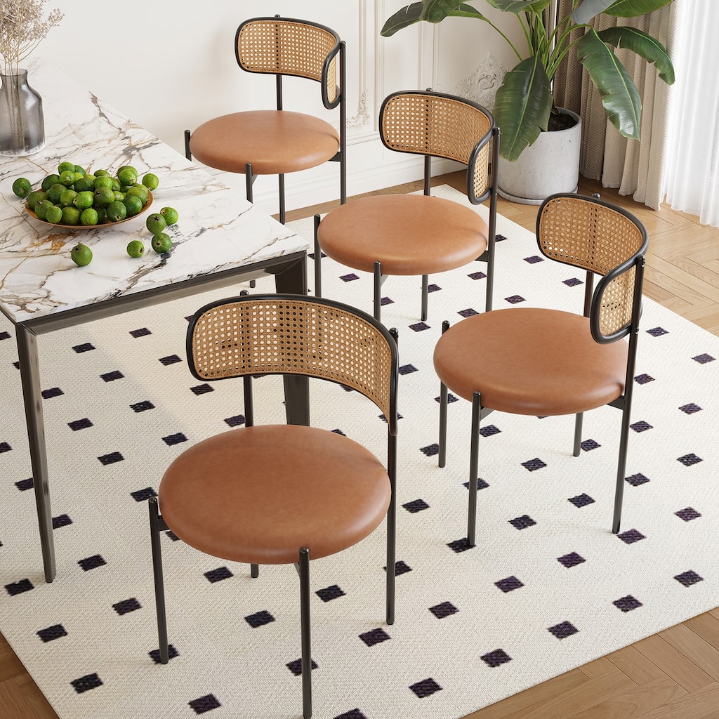 Dining Chairs Set of 4, PU Leather Upholstered Seat with Woven Rattan Back, Sturdy Metal Legs Modern Side Chairs