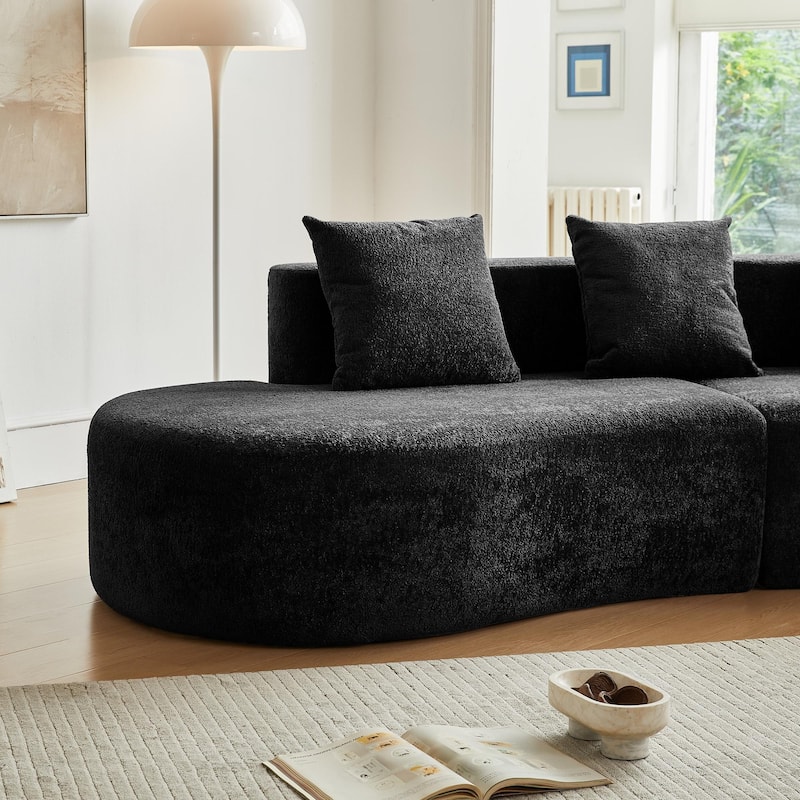 Curved Velvet Boneless Cloud Sofa with 3 Pillows, 5-Seater Modular Sectional Sofa, High-Density Foam Upholstered Sofa
