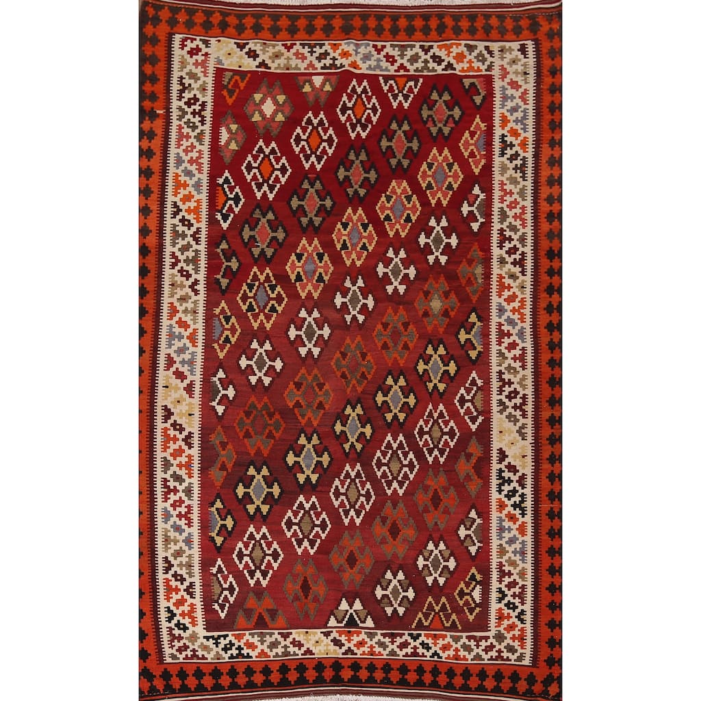Vegetable Dye Kilim Qashqai Persian Vintage Flatweave Wool Carpet - 5'5" X 9'0"