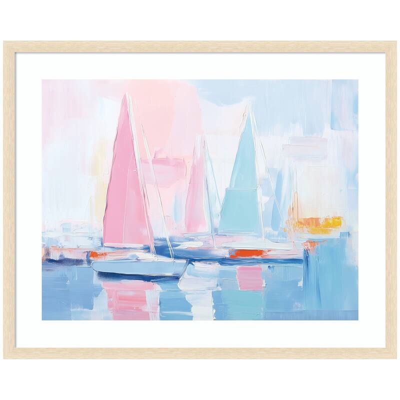 Kate and Laurel Framed Art Abstract Sailboat Harbor Landscape by The Creative Bunch Studio - 42x34 - Natural