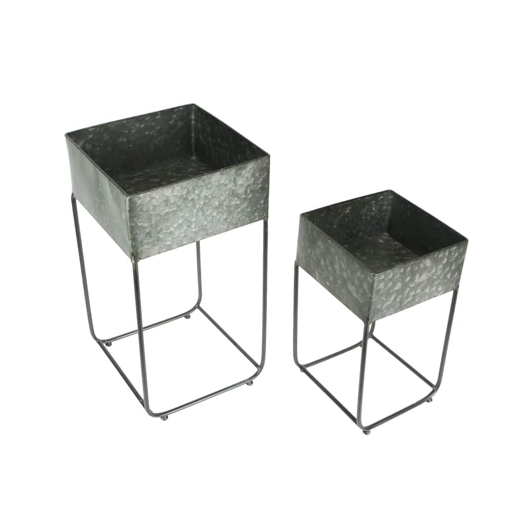 Zeckos Galvanized Metal Square Planters On Stands (Set Of 2) - 17.75 X 9.25 X 9.25 inches