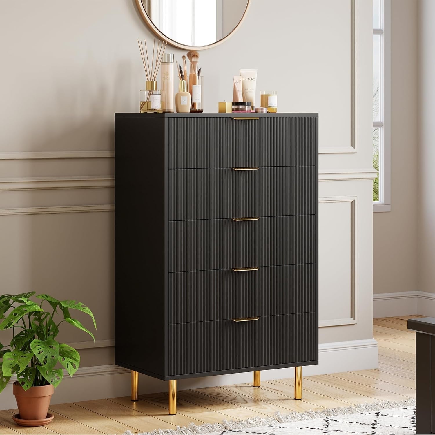 5-Drawer Modern Black Dresser, Gold Handle, Large Wood Double Chest, Storage Organizer for Bedroom, Living Room, Entryway