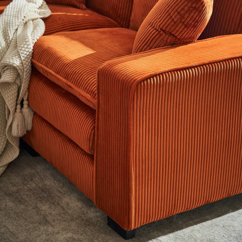 Modern U Shaped 6-seat Sectional Corduroy Sofa Couch with one Ottoman and three toss pillows ,Modular Sofa for Living Room