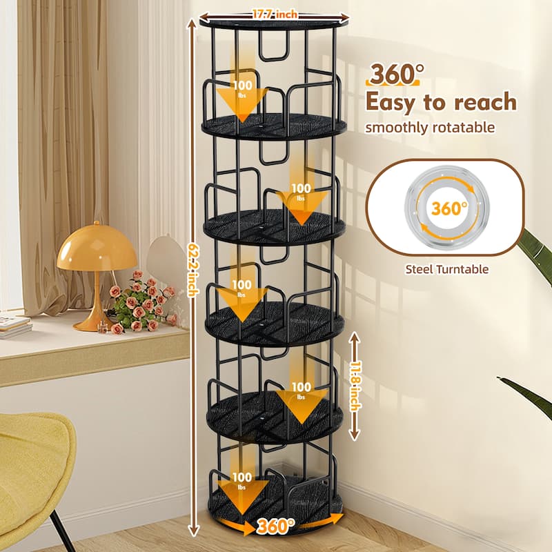 Rotating Bookshelf Tower 5 Tier, Spinning Bookcase, Vertical Turning Round storage Bookshelf