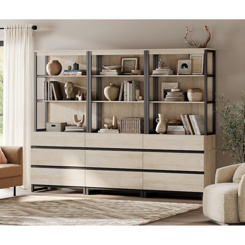 WAMPAT Modern 72" Tall Bookcase with Drawers and Open Book Shelfs, Library Book Shelf for Home Office, Living Room