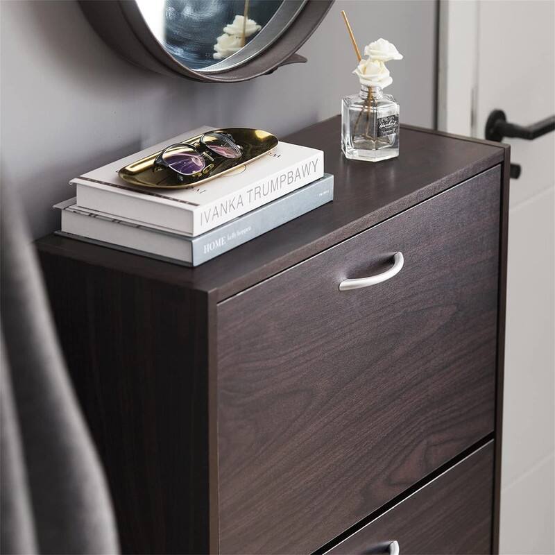 Brown Shoe Cabinet with 2 Flip-Drawers - 9.4"D x 23.6"W x 31.5"H