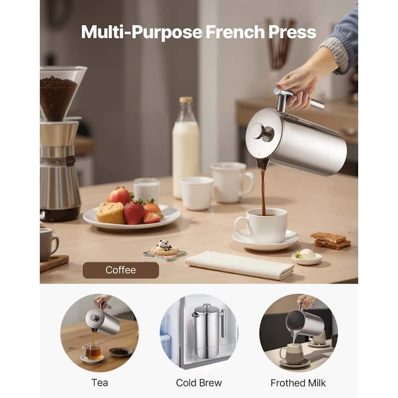 Silver Stainless Steel French Press Coffee Maker Portable