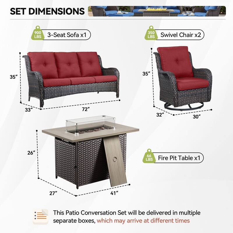 Gymojoy 4-Piece Outdoor Furniture Set, 2 Swivel Glider Chairs, 3-Seat Sofa & 55K BTU Fire Pit Table