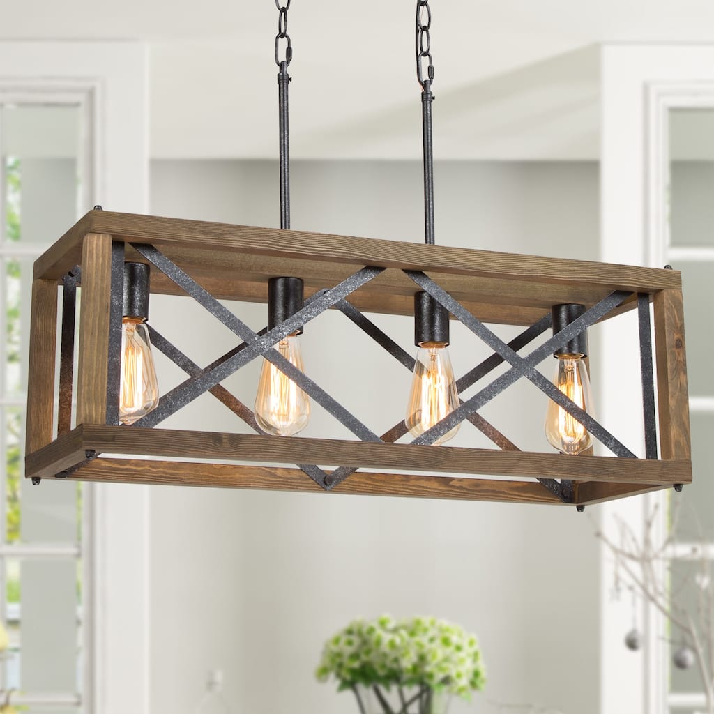 Cobert Modern Farmhouse 4-Light Wood Chandelier Linear Island Lights for Dining Room