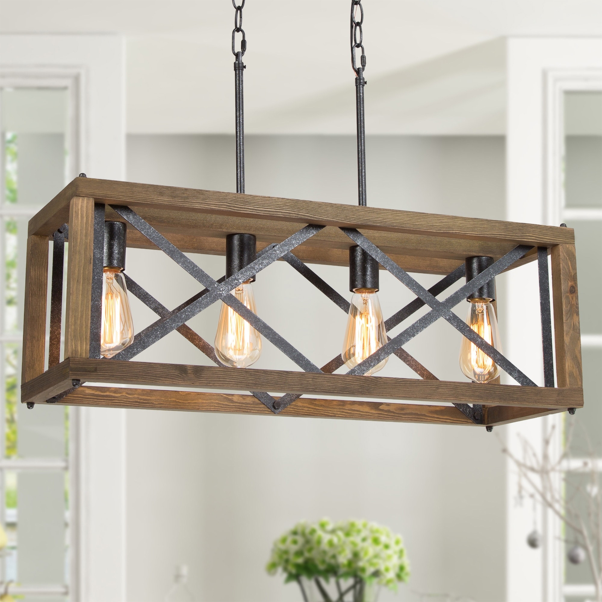 Cobert Modern Farmhouse 4-Light Wood Chandelier Linear Island Lights for Dining Room