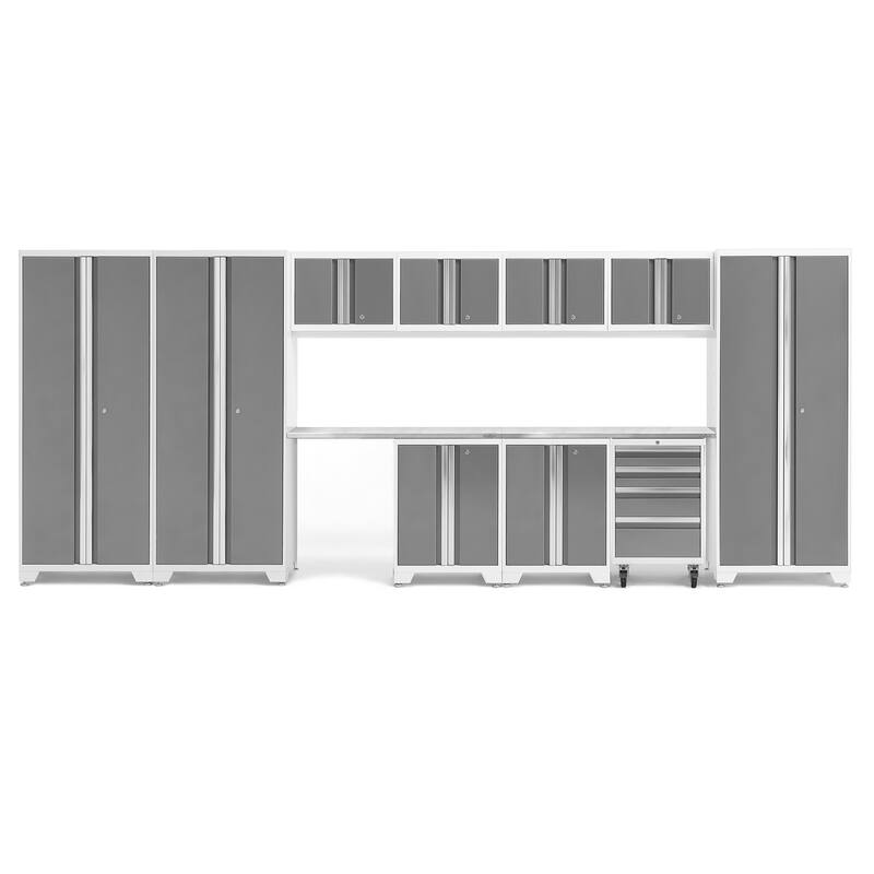 NewAge Products Bold Series 12-pc. Steel Garage Cabinet Set - Stainless Steel Top / No Slatwall - Platinum