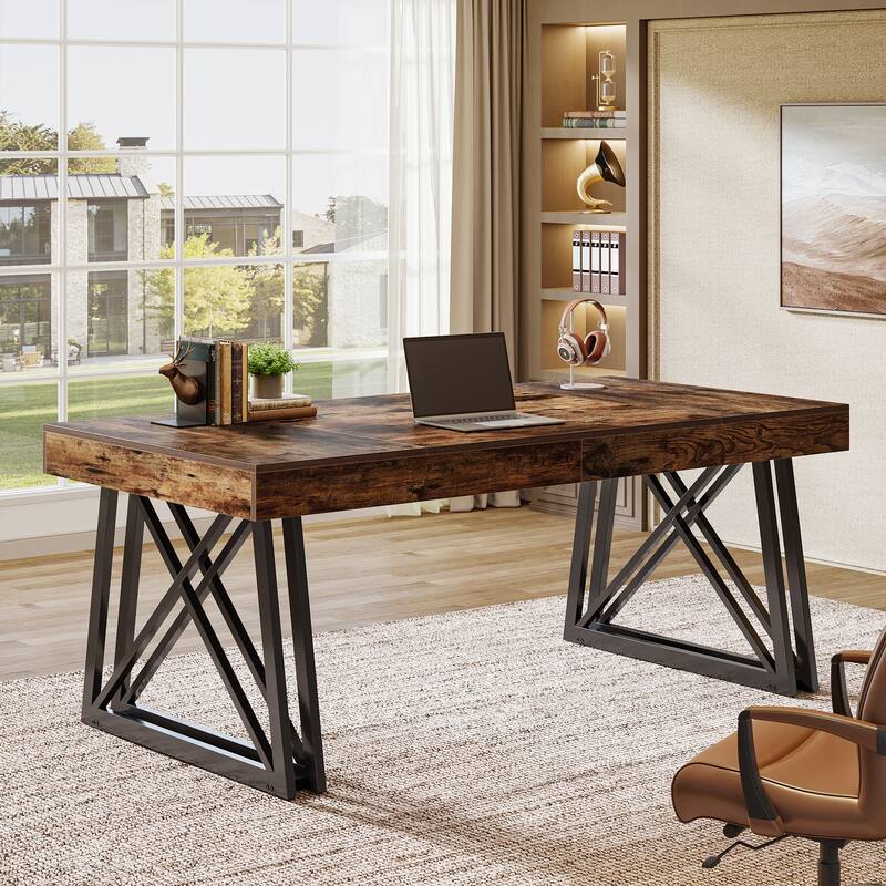 63 Inch Executive Desk, Farmhouse Office Computer Desk with Sturdy X-Shaped Legs