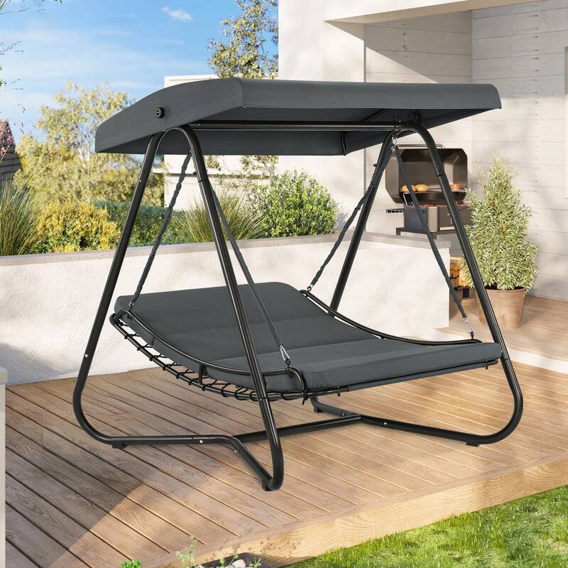 Macrout 2-Seat Hammock Swing Chair with Adjustable Canopy, Beach Chairs for adults with Thickened Cushions - Grey