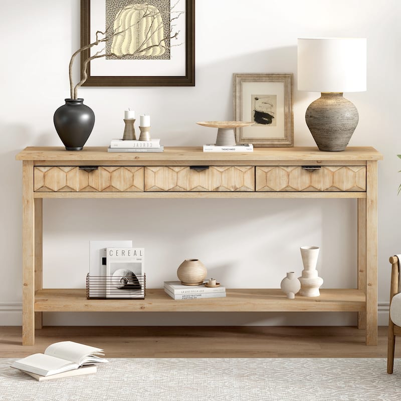 Entryway Table with Honeycomb-patterned Fronts,Modern Stylish Console Table with 3 Drawers and Solid Fir legs