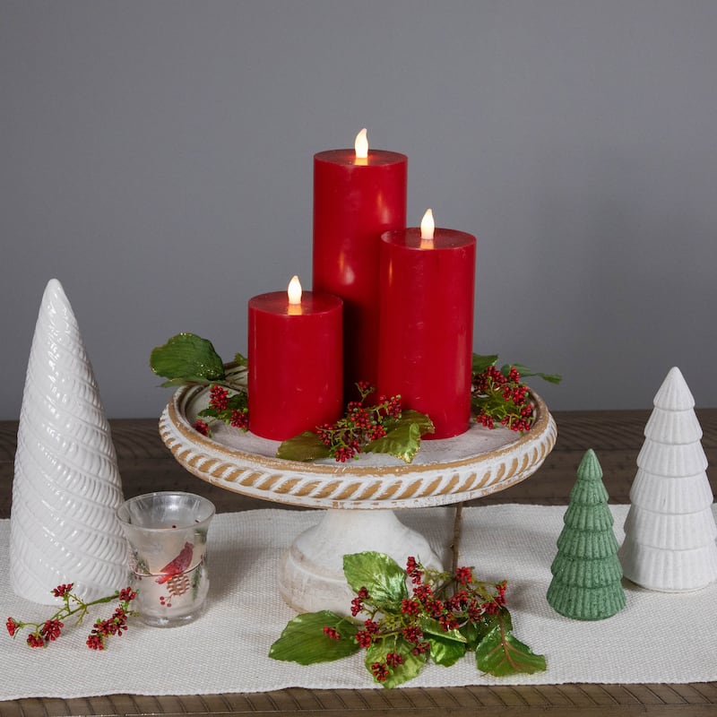LED Flameless Flickering Wax Pillar Candles - 8" - Red - Set of 3