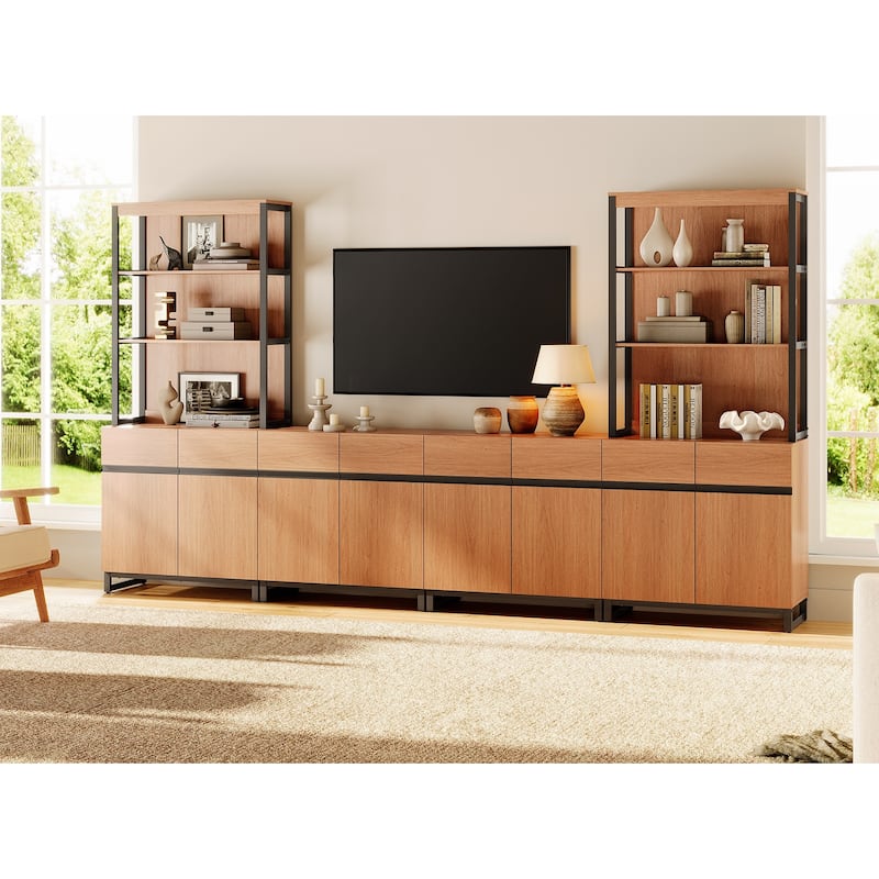 WAMPAT Modern TV Stand with 3 Tiers Bookshelf, Farmhouse Entertainment Center with 4 Large Storage Cabinets and Adjustable Shelf - Mocha