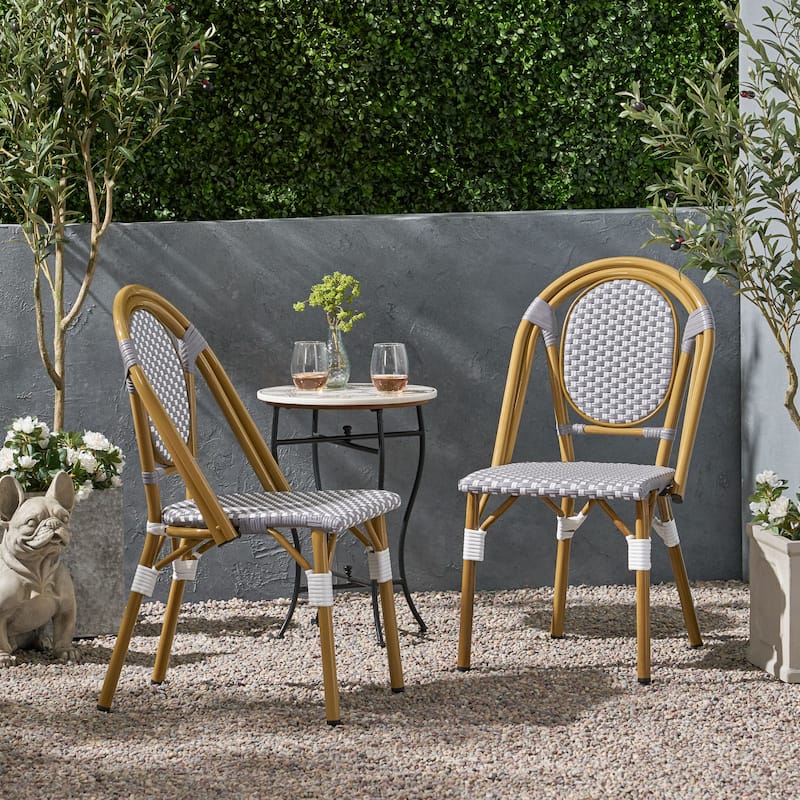 Remi Outdoor French Cafe Style Chairs (Set of 2) by Christopher Knight Home - Gray + White + Bamboo Print Finish