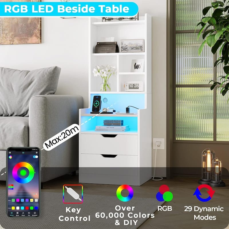 Nightstand with Bookshelf Tall Night Stand 2 Drawers