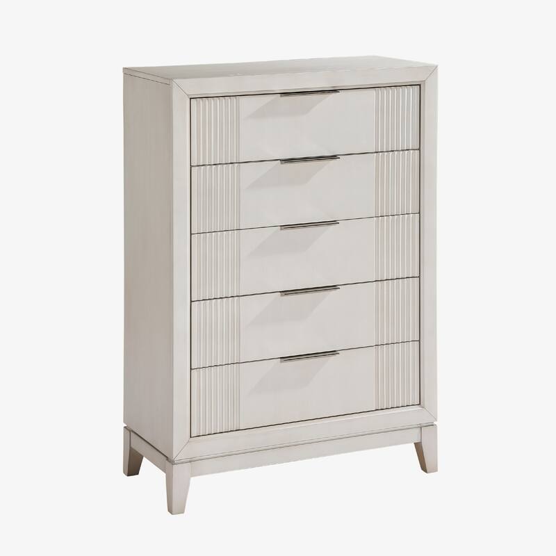 Flo Tall Dresser Chest, 5 Drawers, Antique White Wood, Chrome Handles