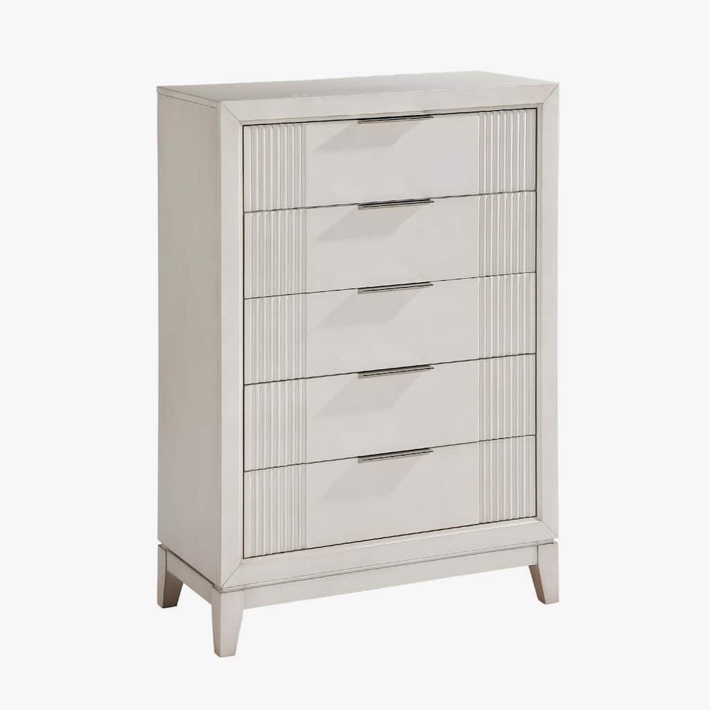Flo Tall Dresser Chest, 5 Drawers, Antique White Wood, Chrome Handles