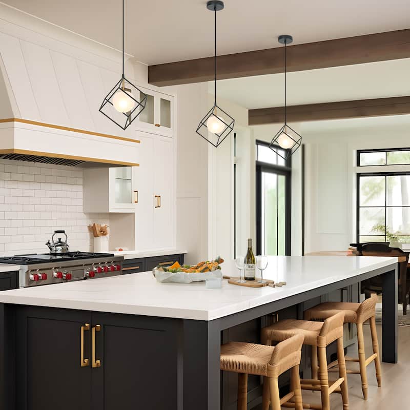 Modern Farmhouse 1-Light Black Gold Cage Kitchen Island Pendant Lights with Globe Frosted Glass - 11" L x 11" W x 14.5" H