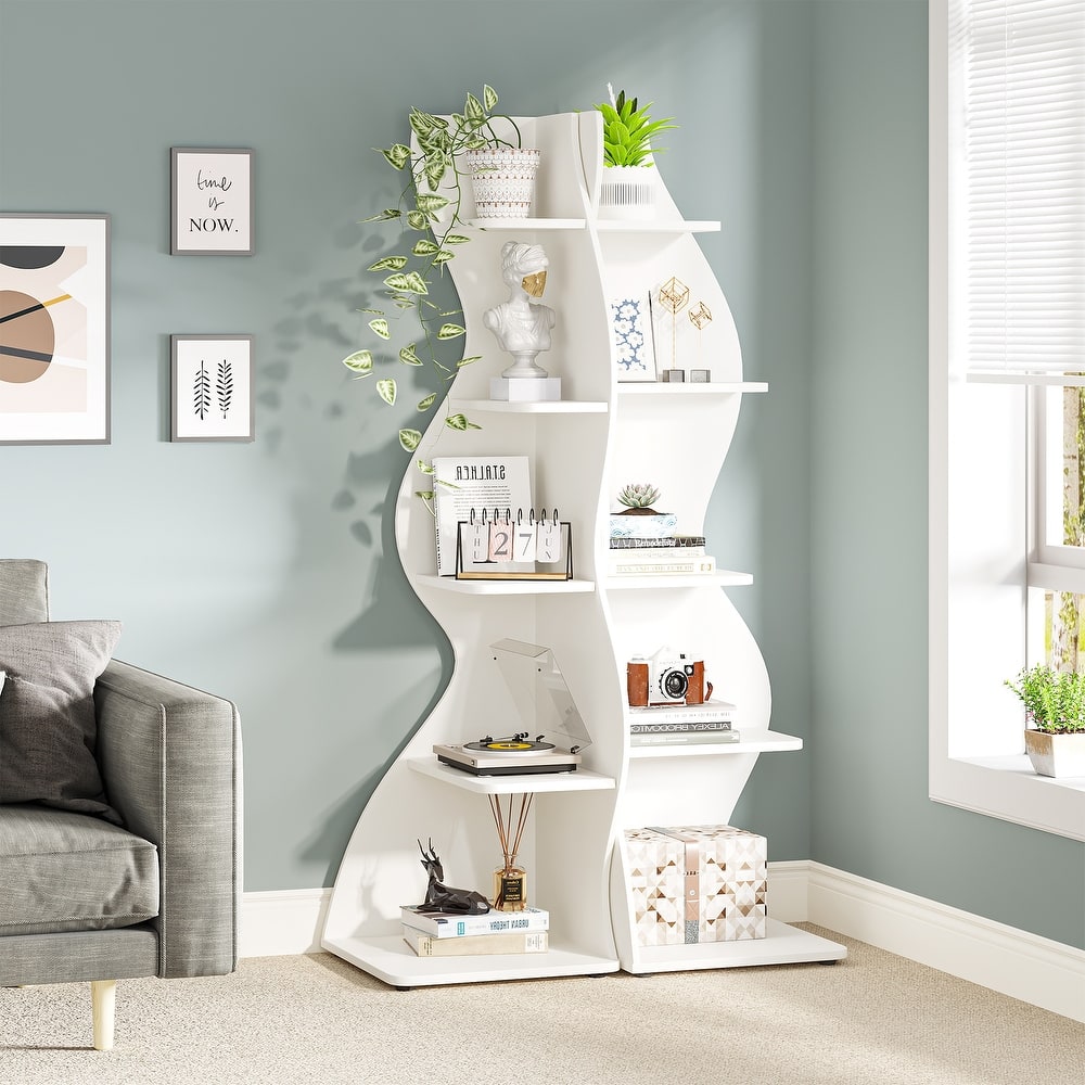 Modern Wood Corner Shelf, 5-Tier Bookshelf Bookcase for Living Room