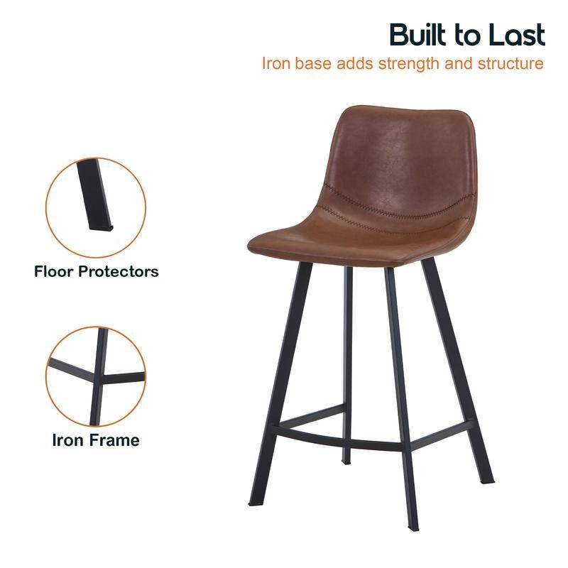 Elland Modern Minimalist Leather Upholstered Bar Stool with Accent Black Metal Base and Back Support for Home Bar or Kitchen